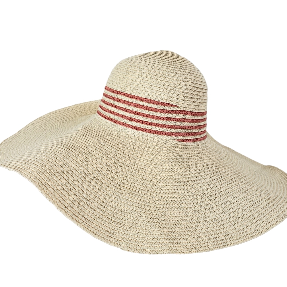 Torrid Large Brim Woven Paper Straw Hat Soft Red Trim Coastal Beachy
